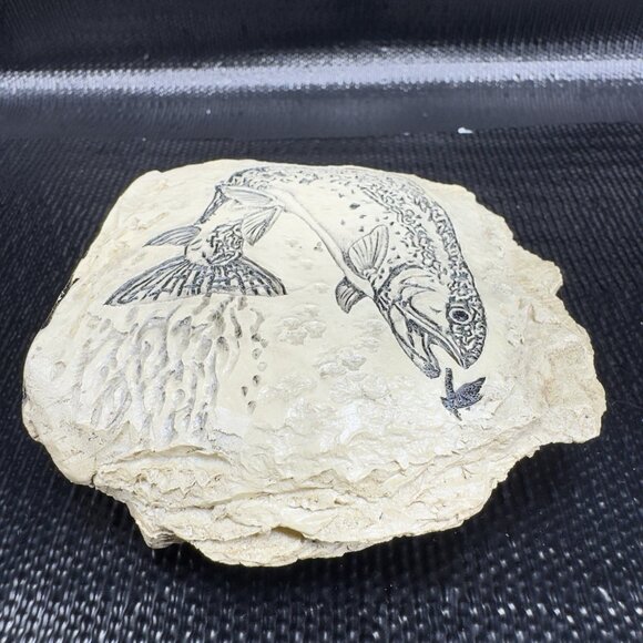 Trout Jumping Out Of The Water To Catch A Insect On Rock Style Resin Figurine - Picture 5 of 8